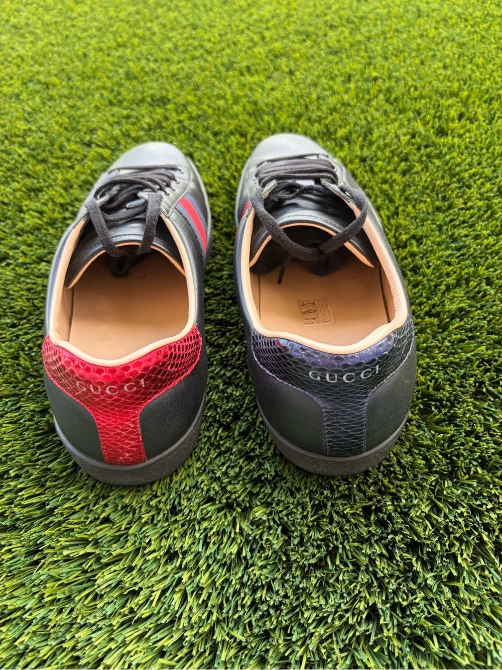 Gucci Black Leather Sneakers with Red & Blue Stripe and Gold Bee
